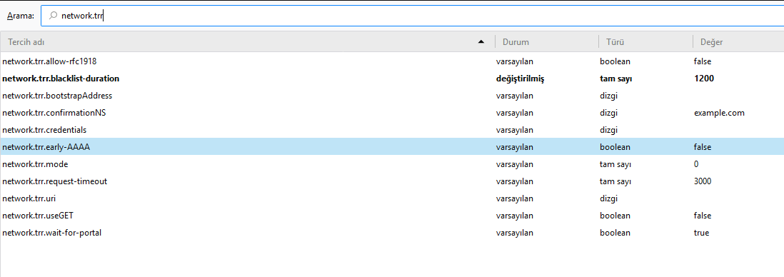 network trr DoH ayarlamalari