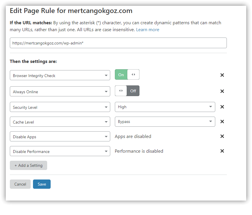 cloudflare wp admin örnek kural, cloudflare page rules wp-admin example rule