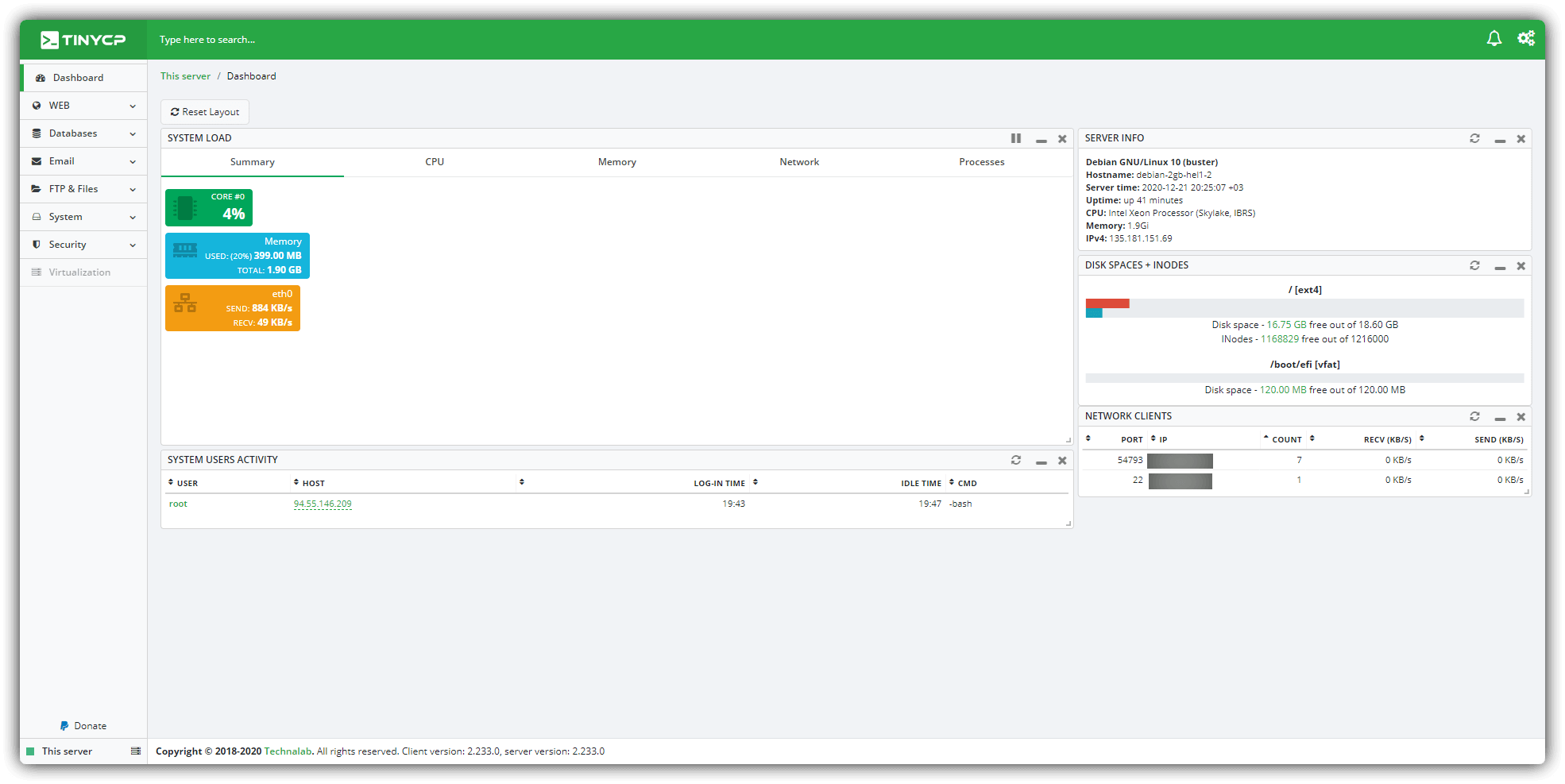 ubuntu 20.04 üzerine tinycp kontrol paneli nasıl kurulur? 3 tinycp ana dashboard, tinycp ilk ekran, tinycp kontrol paneli ana ekran